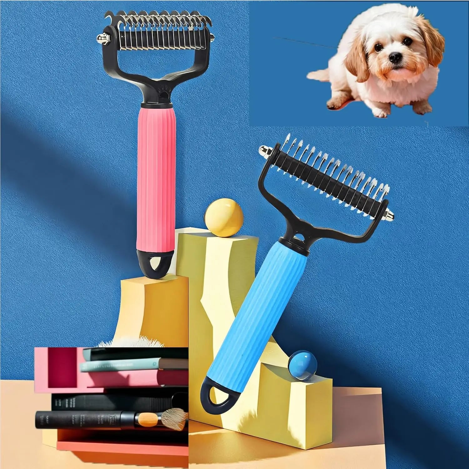 Double-Sided Cat Shedding Dematting Comb Deshedding Dog Brush, Pet Undercoat Rake Grooming Brush for Long Haired Dogs, Matted Fur Remover for Cats